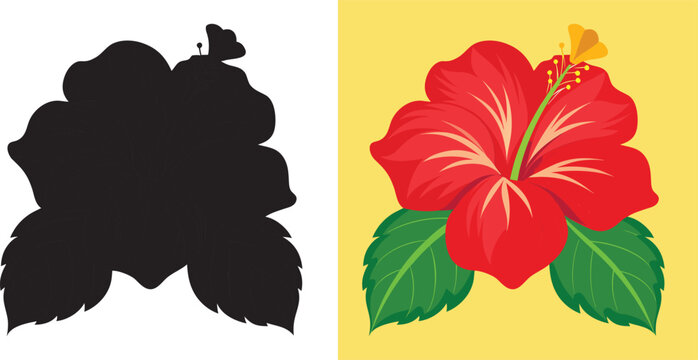 Vibrant red hibiscus flower illustration against a sunny yellow background, perfect for a tropical vibe or summer project, includes silhouette