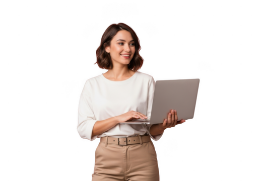 Smiling young woman holding laptop computer, isolated on transparent background