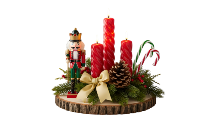 Christmas centerpiece with nutcracker and red candles. isolated on transparent background