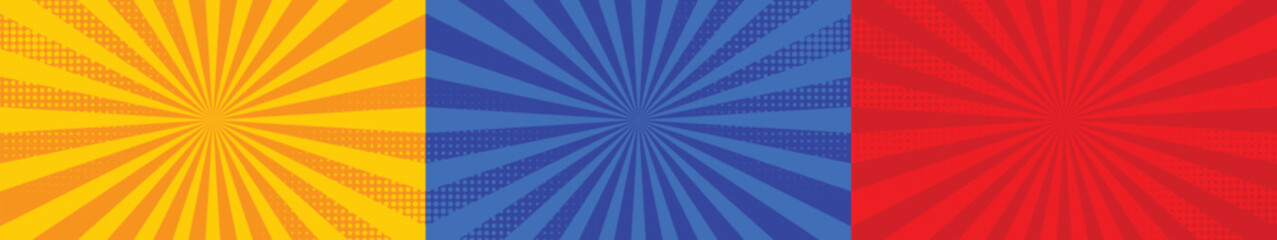 Vibrant sunburst background patterns in yellow, blue, and red, radiating from the center with a comic book style.