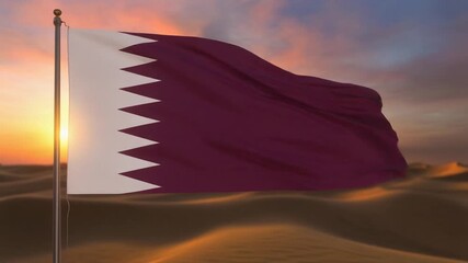 Symbol of national pride, the flag of Qatar ripples in the breeze against a backdrop of desert dunes and a warm, glowing sunset - Powered by Adobe