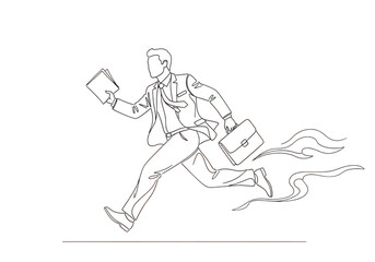 Fototapeta premium Businessman in suit running late with flying papers and briefcase, line art illustration isolated on transparent background