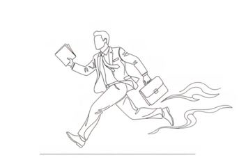 Businessman in suit running late with flying papers and briefcase, line art illustration isolated on transparent background