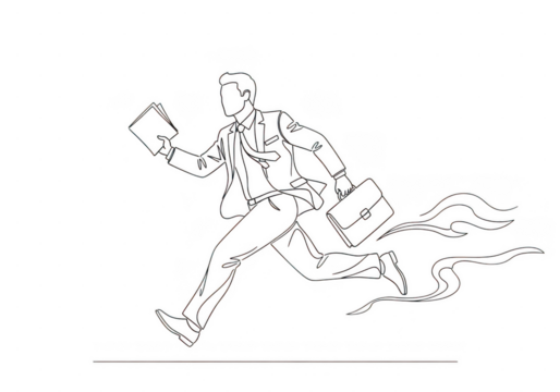 Businessman in suit running late with flying papers and briefcase, line art illustration isolated on transparent background