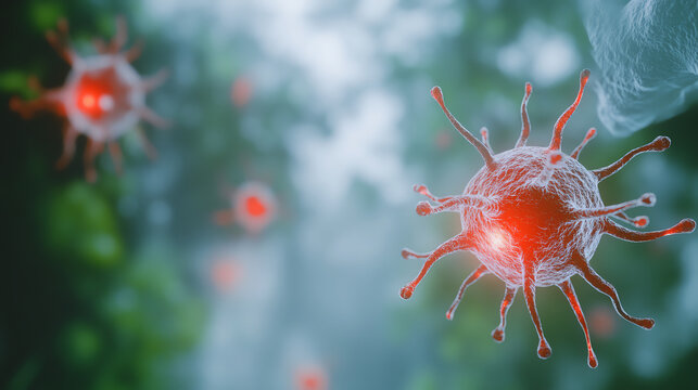 Detailed close-up of a virus, showcasing its intricate structure and vibrant red elements against a blurred background.