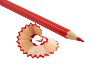 Sharp red pencil with shavings isolated on transparent background