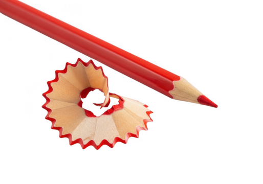 Sharp red pencil with shavings isolated on transparent background