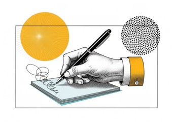 Illustration of a hand writing on notebook with pen, sun, and virus particles in background isolated on transparent background