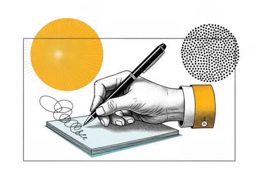 Illustration of a hand writing on notebook with pen, sun, and virus particles in background isolated on transparent background - Powered by Adobe