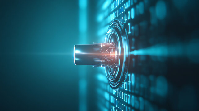 Futuristic digital technology with glowing binary code and a metallic element representing innovation and cybersecurity.