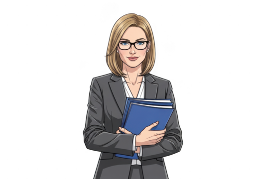 Confident businesswoman in suit holding folder and clipboard, isolated on transparent background