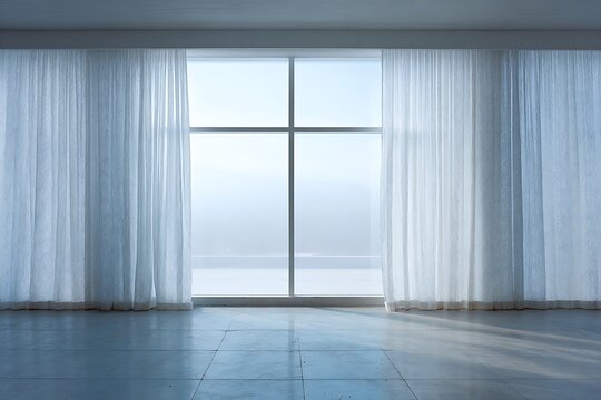 large double-pane window installation with patterned sheer curtains