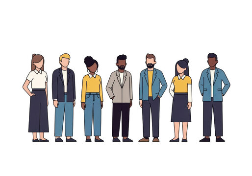 Diverse group of stylized cartoon characters standing in a line isolated on transparent background