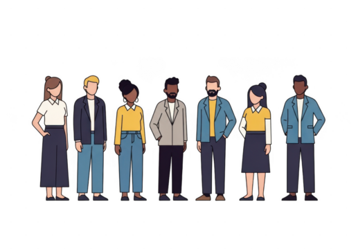 Diverse group of stylized cartoon characters standing in a line isolated on transparent background