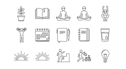 Unlock personal growth and achieve success with these modern icons representing health, learning, planning, and innovative ideas
