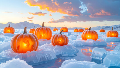 Glowing miniature ice pumpkins arranged as a surreal art installation with intricate frost details