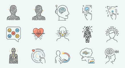 Modern technology icons exploring human emotion, health, and digital transformation with vibrant, clean design for business and innovation concepts.