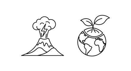 Dynamic volcano eruption icon contrasts with vibrant earth sprout symbol representing nature's power and renewal.