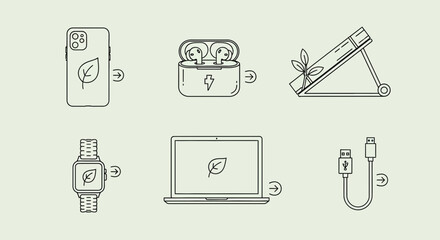 Eco friendly technology icons featuring smartphones, earbuds, laptops, smartwatches, and charging cables with leaf symbols representing sustainability and green energy solutions.