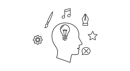 Creative mind sparking innovative ideas with artistic and technical elements representing inspiration and problem solving.