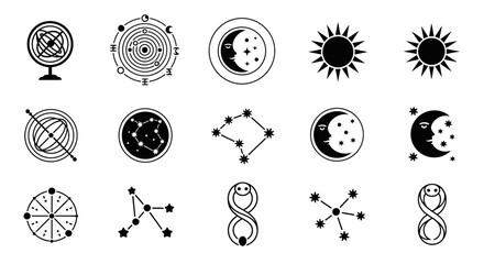 Cosmic celestial icons featuring suns moons constellations and astrological symbols for astronomy and astrology designs © Rifky