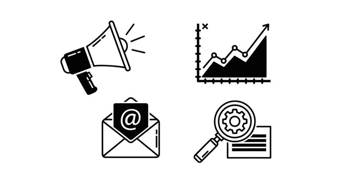 Dynamic marketing icons including megaphone, growth chart, email, and search magnifying glass symbolizing business success and communication strategies