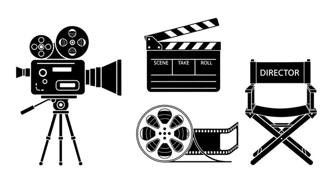 Capture the magic of filmmaking with iconic movie production elements like a vintage camera, clapperboard, film reel, and director's chair for creative projects.
