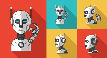 Modern robots with expressive faces and articulated hands, showcasing AI and futuristic technology in vibrant, dynamic compositions for innovation themes.
