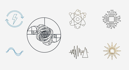 Dynamic collection of science, technology, and natural patterns symbolizing innovation, energy, and cosmic order for modern design projects