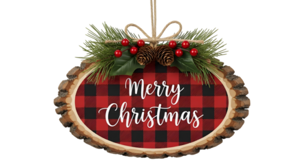 Christmas ornament with merry christmas plaid sign isolated on transparent background