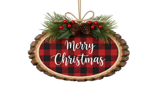 Christmas ornament with merry christmas plaid sign isolated on transparent background