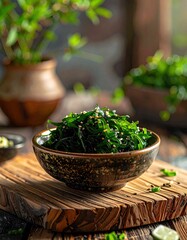 Close Up of Seaweed Salad in Ceramic Bowl on Wooden Board with Selective Focus and Greenery