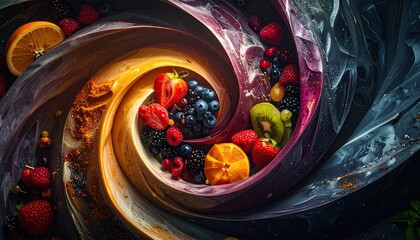 Abstract Swirl of Colorful Fruits with Orange Berries and Kiwi Against a Dark Background