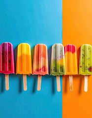 Colorful Frozen Popsicles Arranged Against Blue And Orange Backgrounds Vertical Composition