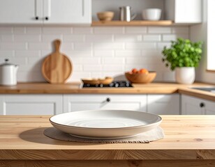 Close Up White Plate on Wooden Tabletop in Kitchen Interior with Blurred Background