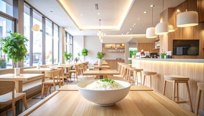 Close-Up View Of A Bowl Of Rice On A Wooden Table In A Bright Modern Restaurant