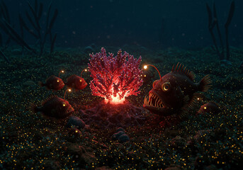 A group of anglerfish gather around a glowing red coral on the ocean floor, surrounded by small lights and seaweed in the deep sea.