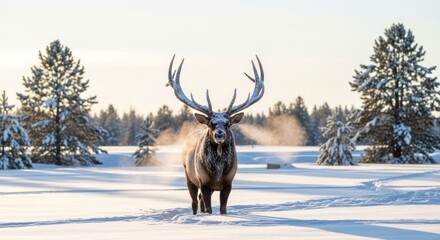 Majestic Bull Elk with Frosty Antlers and Steaming Breath in a Golden Sunlit Winter Wonderland