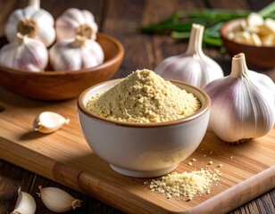 Close Up of Bowl Filled with Spice Powder Surrounded by Fresh Garlic Bulbs on Wooden Surface