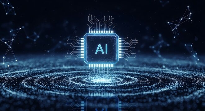 Abstract digital art depicting a glowing ai chip at the center of a swirling vortex of blue particles, symbolizing artificial intelligence and data