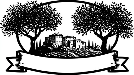 Fototapeta premium Rural Italian landscape with olive trees and a village.