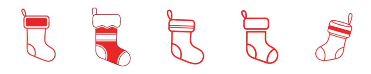 Outline Vector Christmas Stocking Set Line Art Monochrome Holiday Decoration Graphic Element