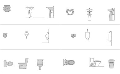 Line art vector set of bathroom sanitary ware: toilets, sinks, and urinals shown in plan, elevation, and section views for architectural details.