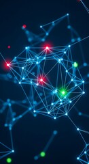 Obraz premium Abstract network of glowing blue nodes and lines with red and green highlights on a dark background, representing data connections and digital information flow