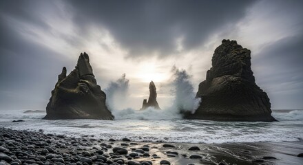 Dramatic Waves Crashing on Reynisdrangar Sea Stacks at Reynisfjara Black Sand Beach in Iceland under a Stormy Sky, Highlighting the Raw Power of Nature