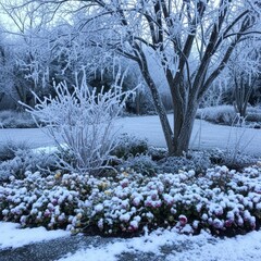 Enchanting winter scene with frost-laden trees, hanging icicles, and vibrant snow-dusted flowers in a tranquil garden.