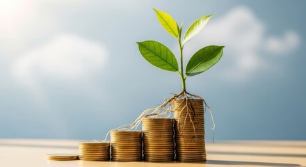 A plant growing from a stack of coins on a wooden table with a blue sky in the background.