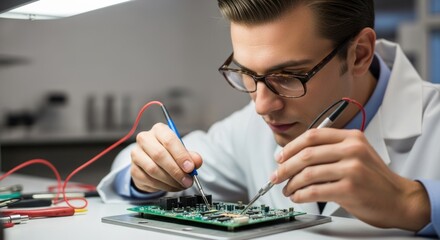 A young man in a lab coat, using a multimeter to test a circuit board.