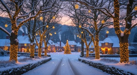 A magical snowy village street at dusk, adorned with twinkling Christmas lights on trees and houses, creating a cozy winter wonderland during the holiday season.