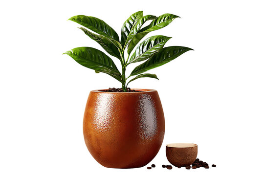Vibrant green coffee plant thriving in a rustic ceramic pot surrounded by rich roasted beans and a small wooden cup, symbolizing growth and natural indulgence.